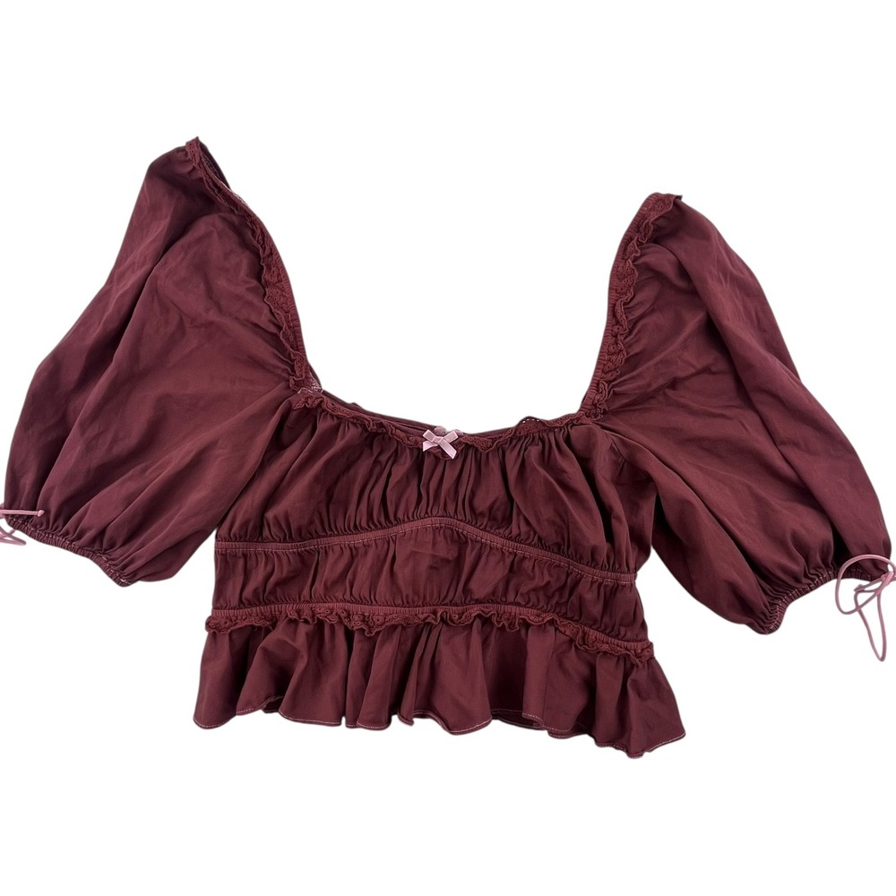 For Love & Lemons Burgundy Brown Smocked Eyelet Lace Puff Sleeve Crop Top Small